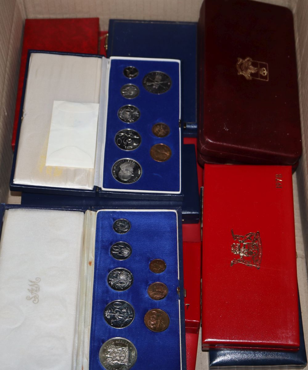 A group of South African eight coin boxed proof sets, various dates eight sets, a 1963 set, two boxed Bahamian nine coin sets and two o